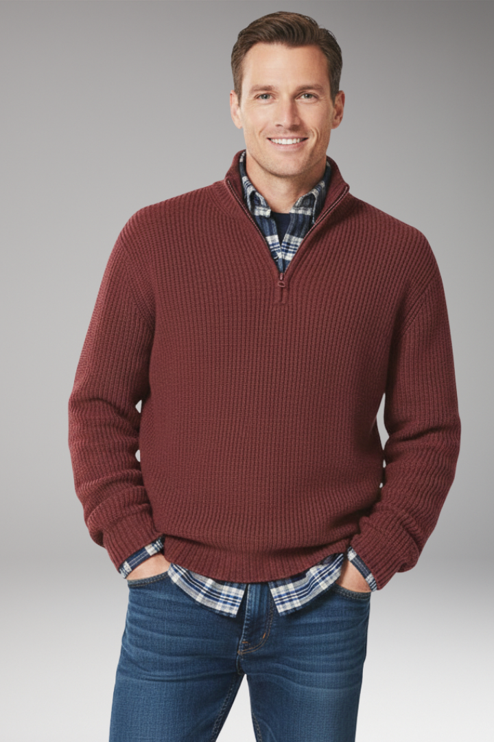 Men’s Jumper with Half-Zip Closure and Stand Collar