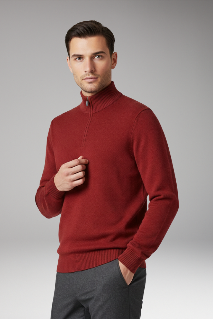Men’s Jumper with Half Zip and Ribbed Hem