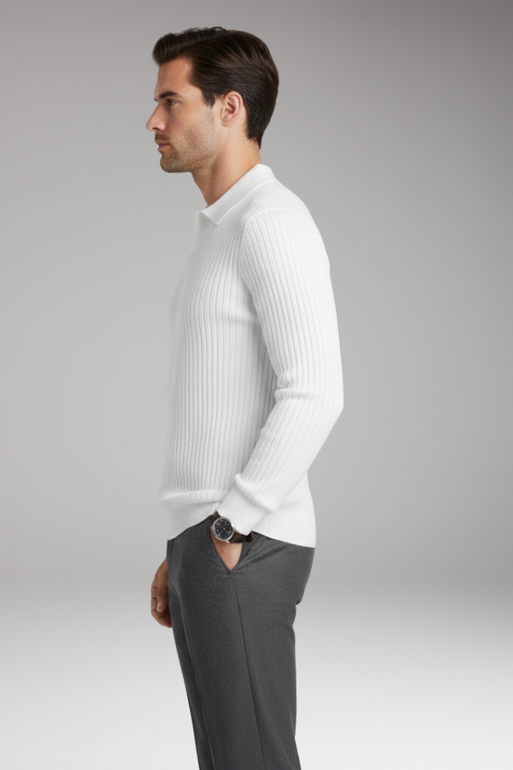 Men’s Jumper with Polo Collar and Ribbed Texture