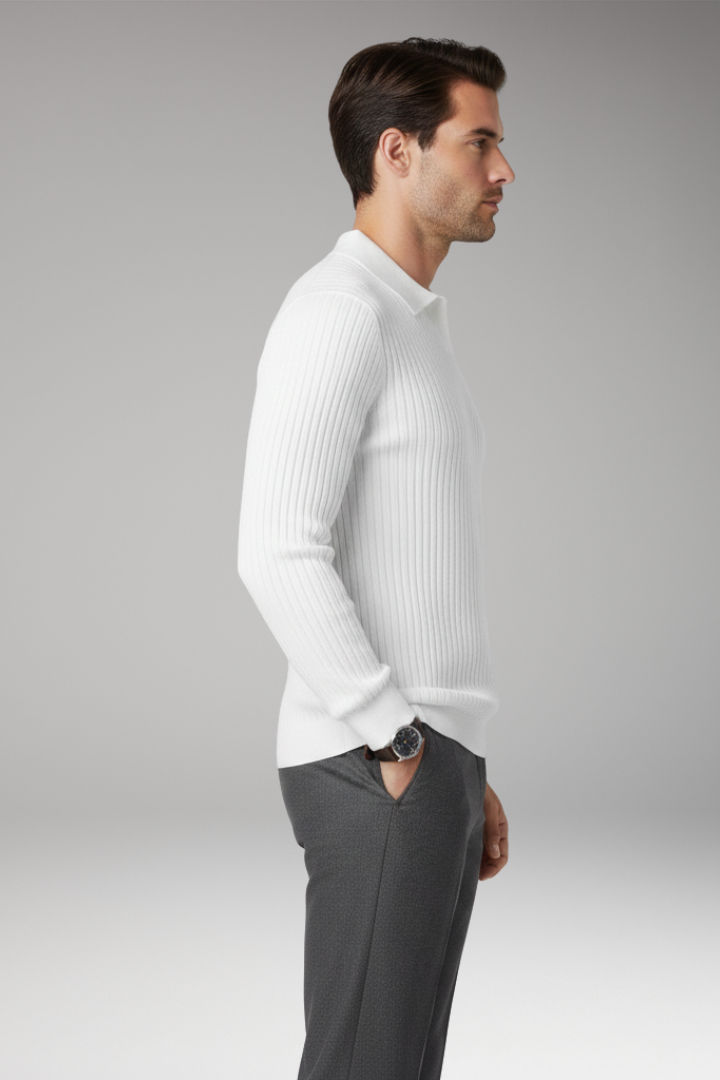 Men’s Jumper with Polo Collar and Ribbed Texture