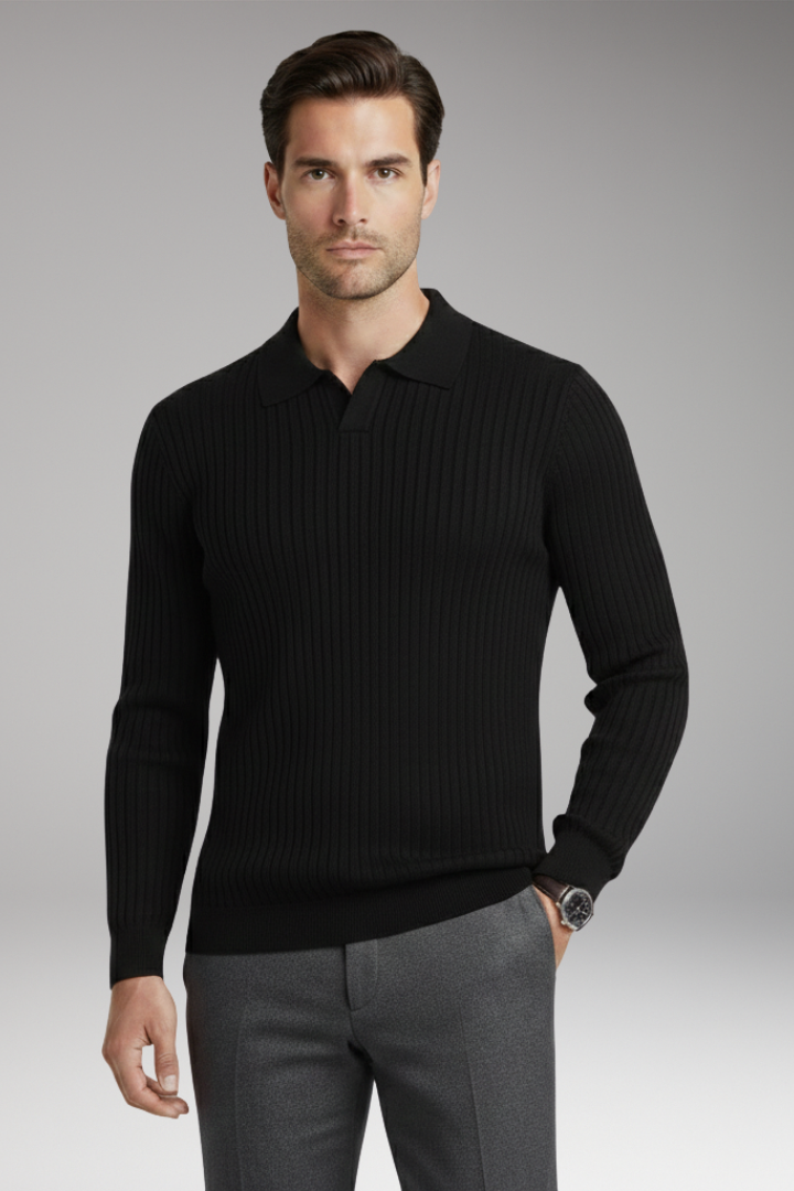 Men’s Jumper with Polo Collar and Ribbed Texture