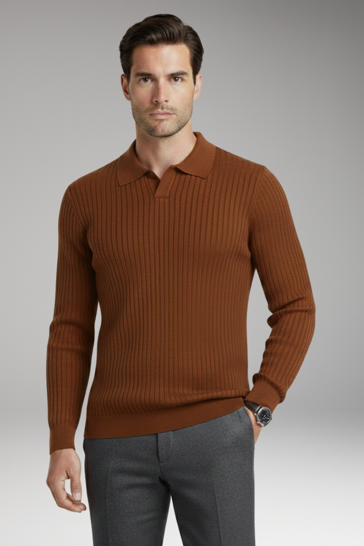 Men’s Jumper with Polo Collar and Ribbed Texture