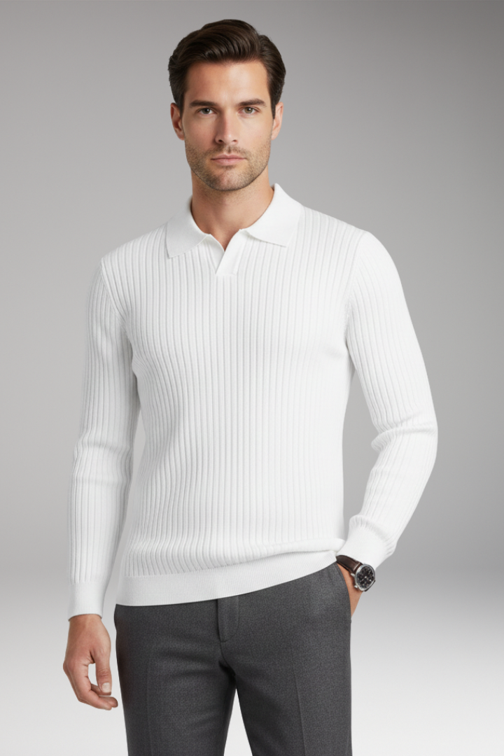 Men’s Jumper with Polo Collar and Ribbed Texture