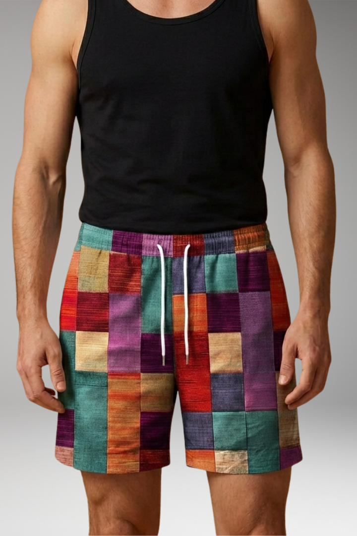 Men’s Swim Shorts with Elastic Waistband and Multicoloured Block Pattern