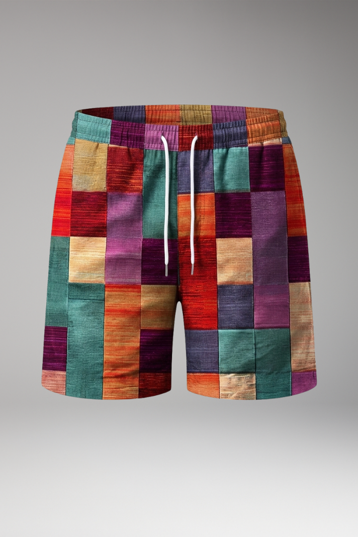 Men’s Swim Shorts with Elastic Waistband and Multicoloured Block Pattern