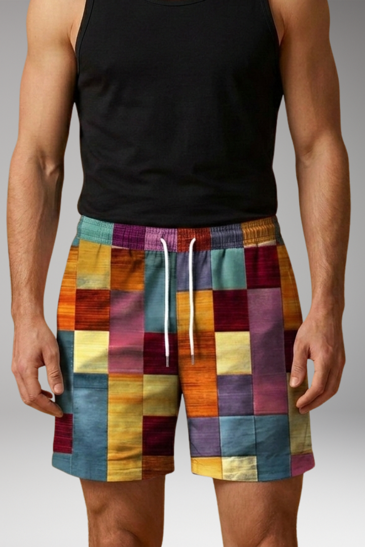 Men’s Swim Shorts with Elastic Waistband and Multicoloured Block Pattern