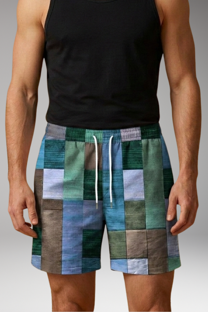 Men’s Swim Shorts with Elastic Waistband and Multicoloured Block Pattern