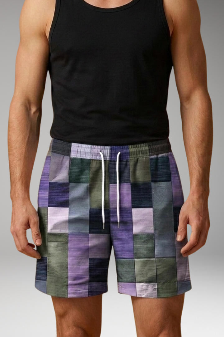 Men’s Swim Shorts with Elastic Waistband and Multicoloured Block Pattern