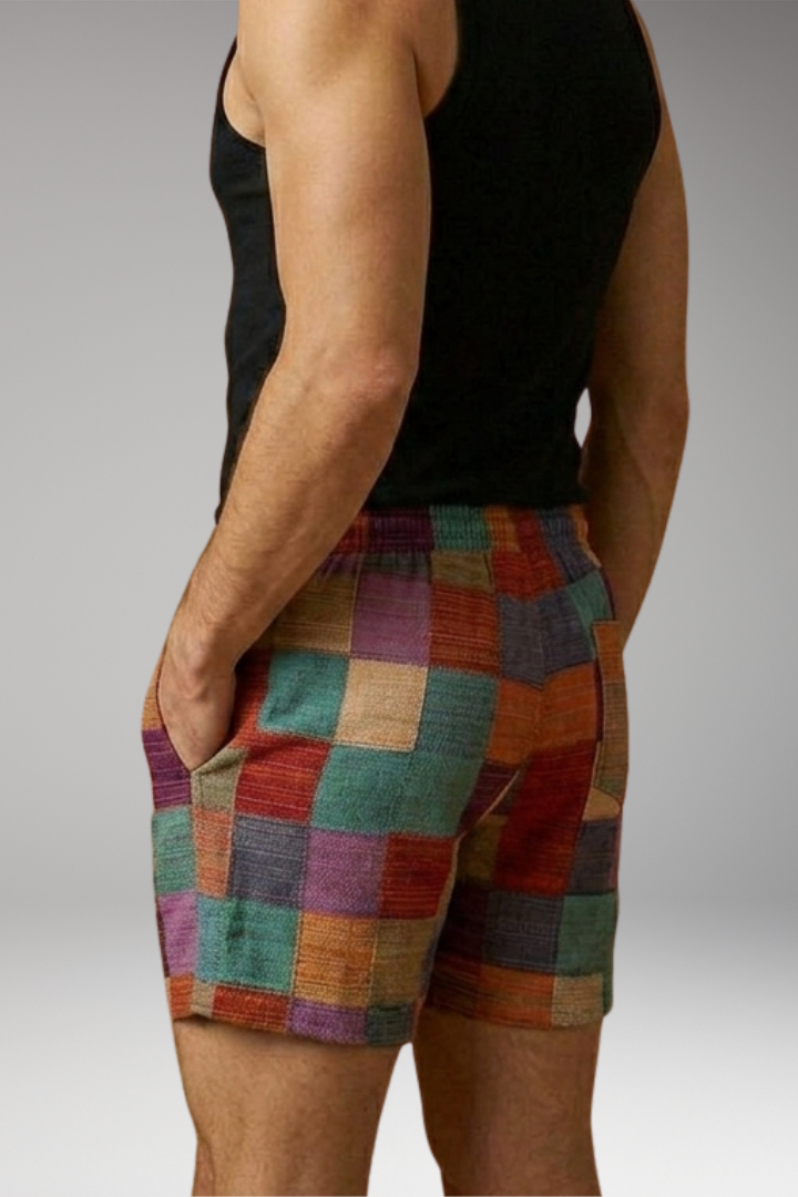 Men’s Swim Shorts with Elastic Waistband and Multicoloured Block Pattern