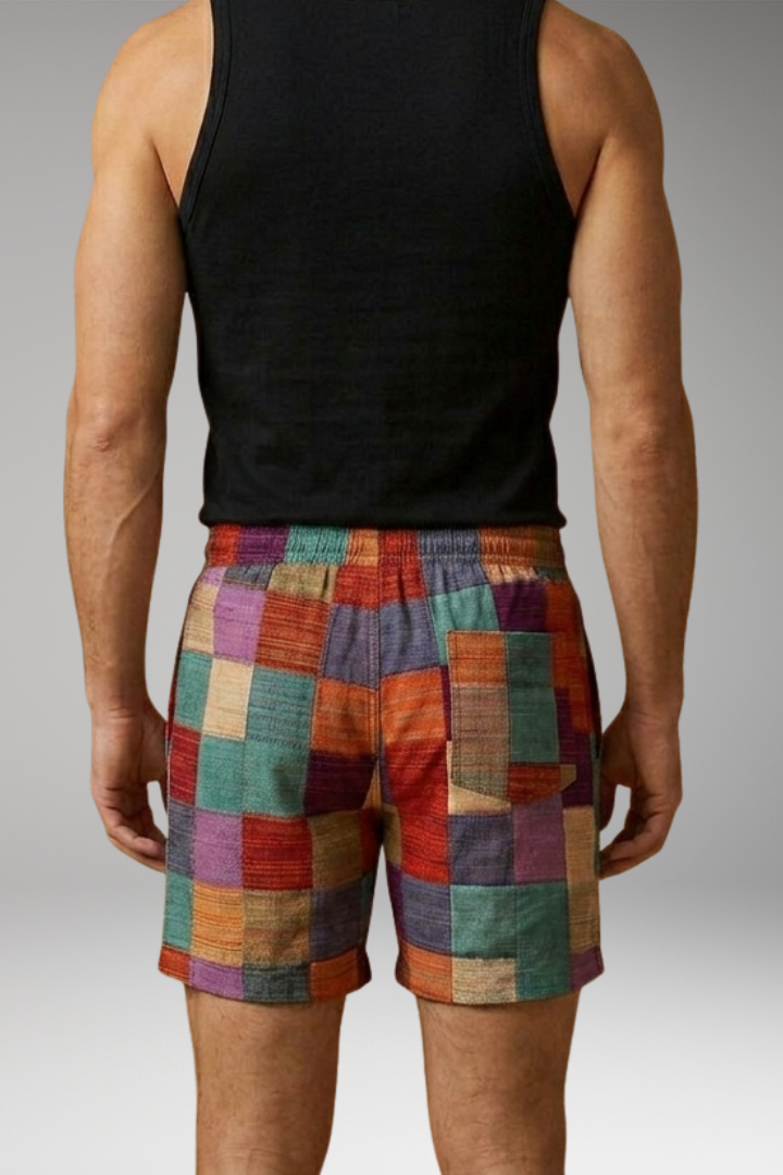 Men’s Swim Shorts with Elastic Waistband and Multicoloured Block Pattern