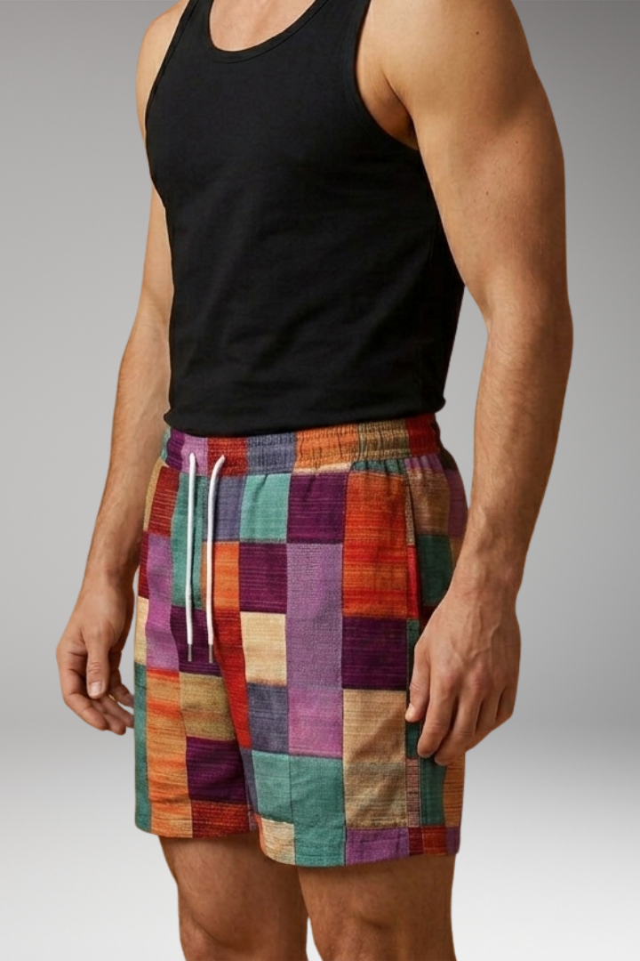 Men’s Swim Shorts with Elastic Waistband and Multicoloured Block Pattern