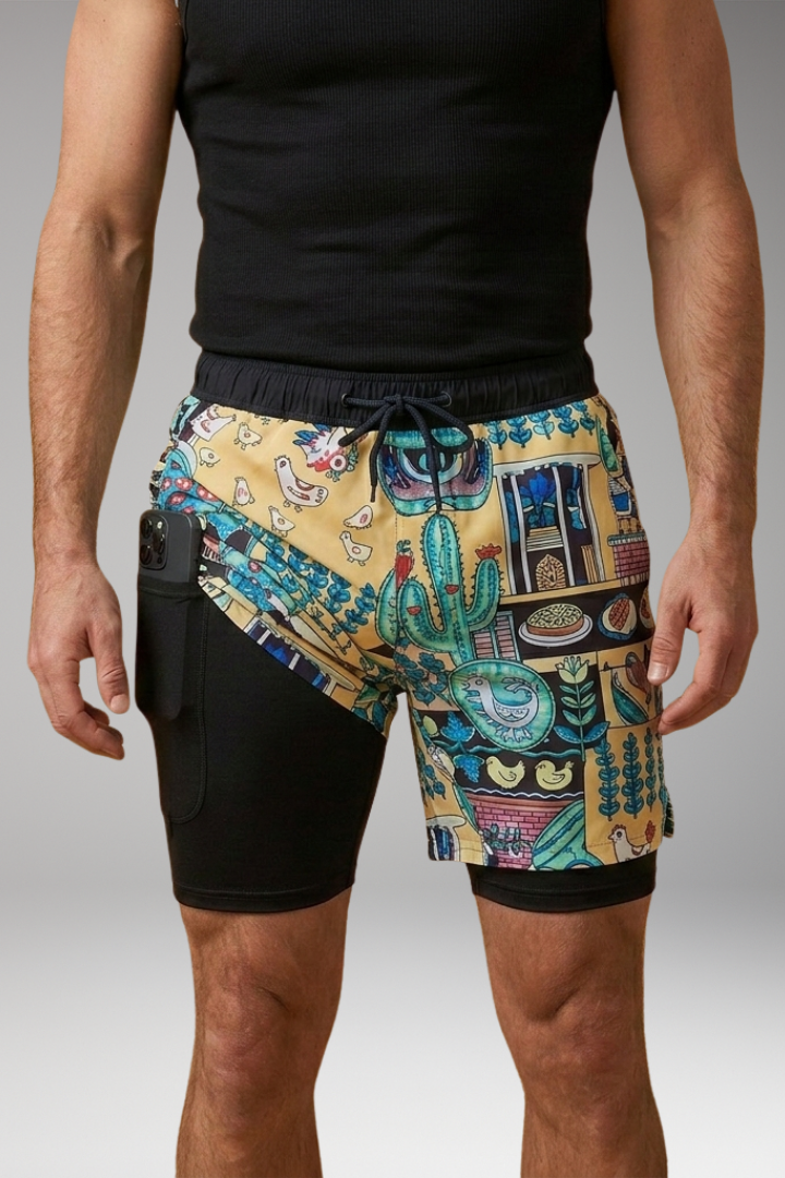 Men’s Swim Shorts with Elastic Waistband and Printed Pattern