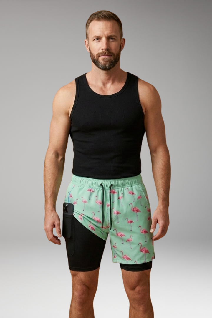 Men’s Swim Shorts with Elastic Waistband and Printed Pattern