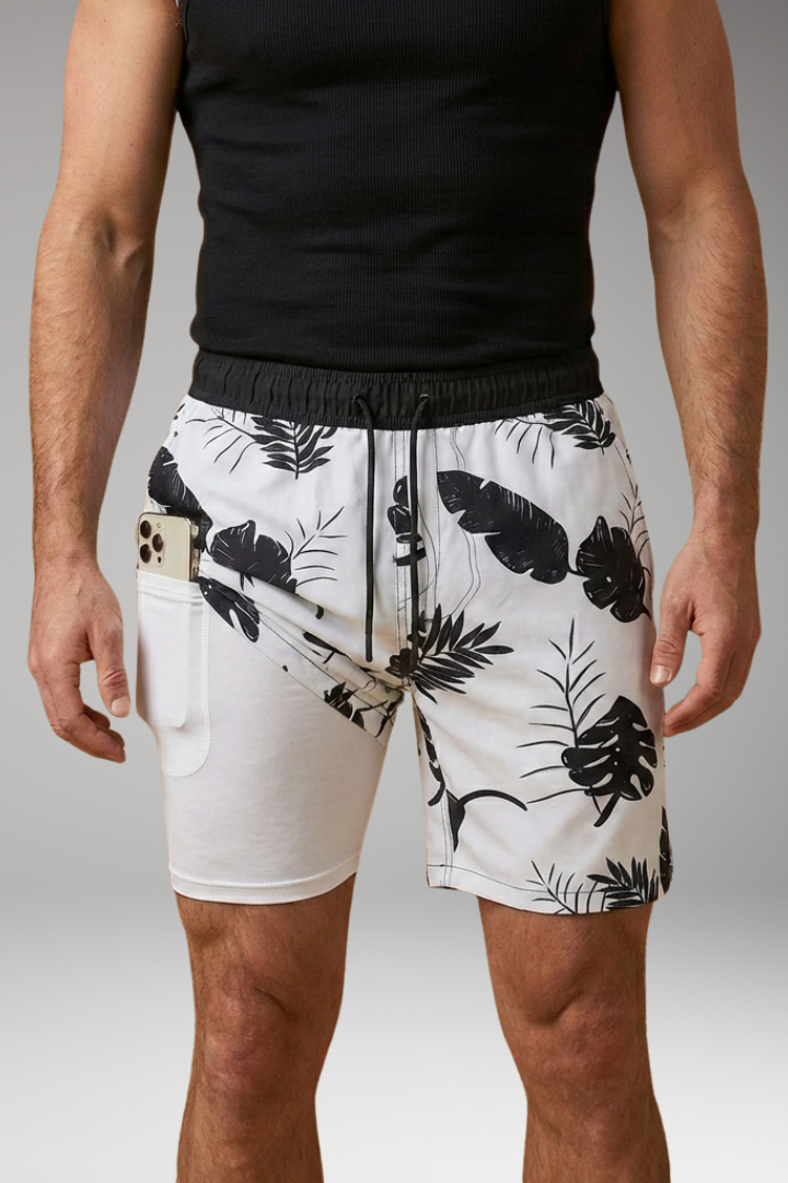 Men’s Swim Shorts with Elastic Waistband and Printed Pattern