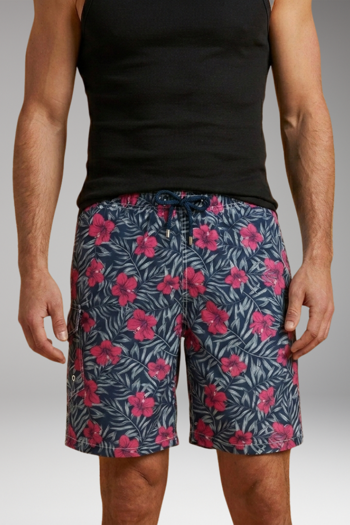 Men’s Swim Shorts with Stretch Waistband and Tropical Print