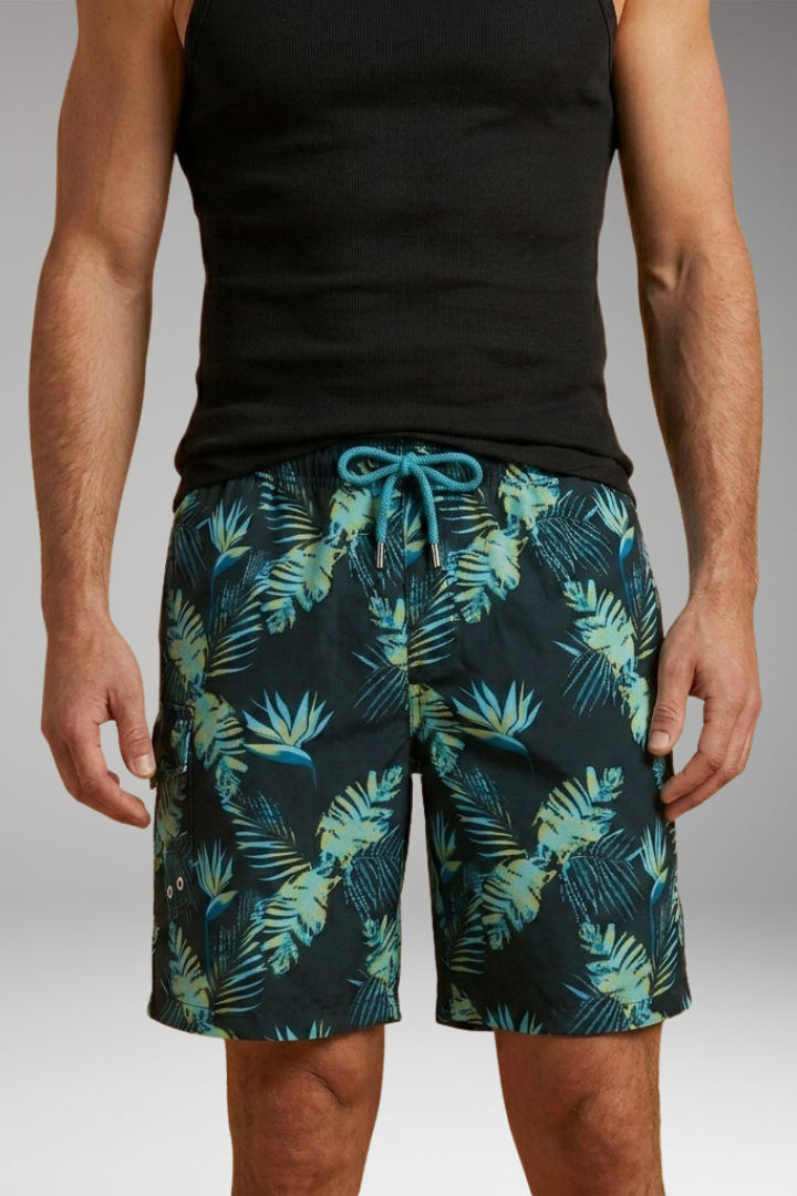 Men’s Swim Shorts with Stretch Waistband and Tropical Print