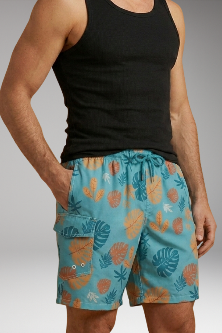 Men’s Swim Shorts with Stretch Waistband and Tropical Print