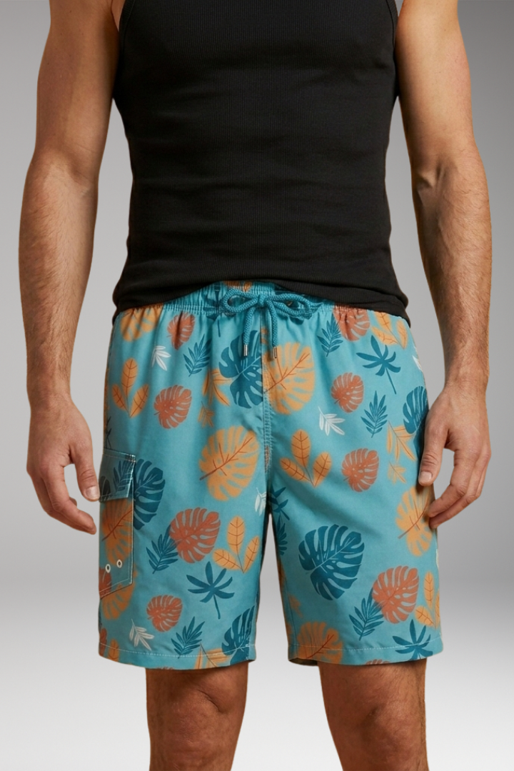 Men’s Swim Shorts with Stretch Waistband and Tropical Print