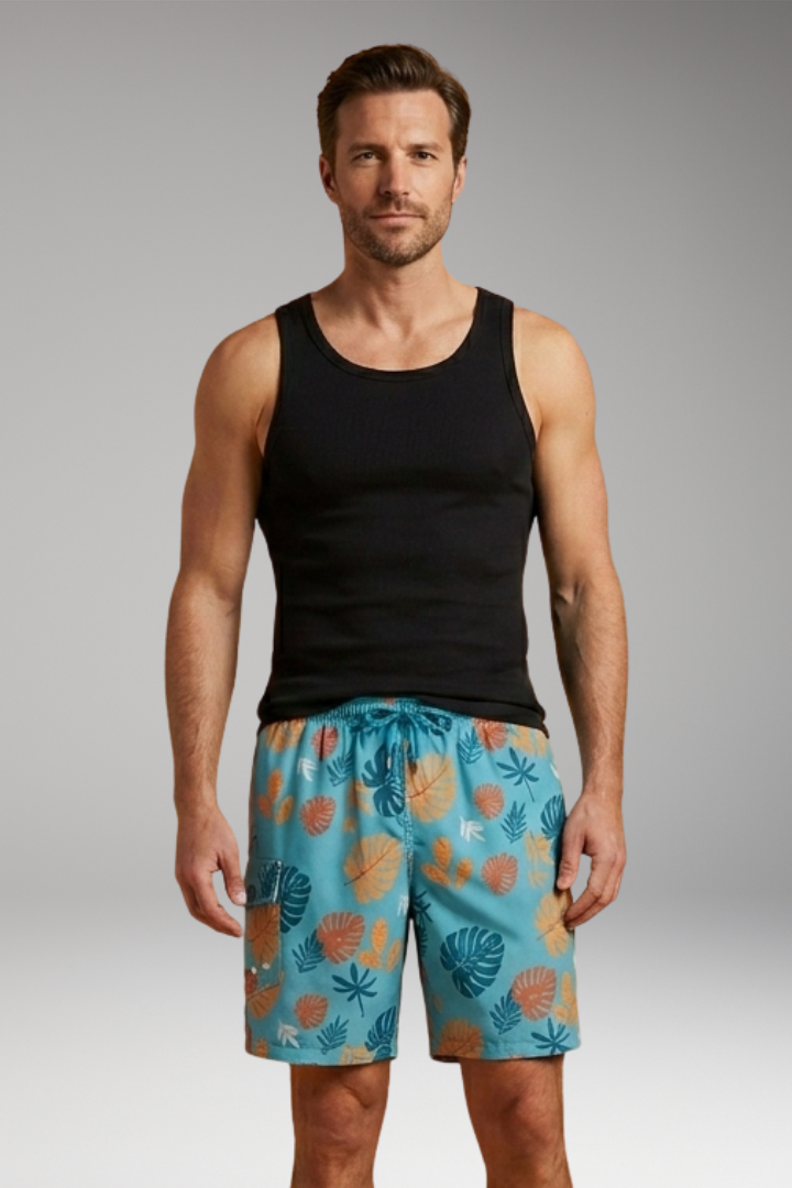 Men’s Swim Shorts with Stretch Waistband and Tropical Print