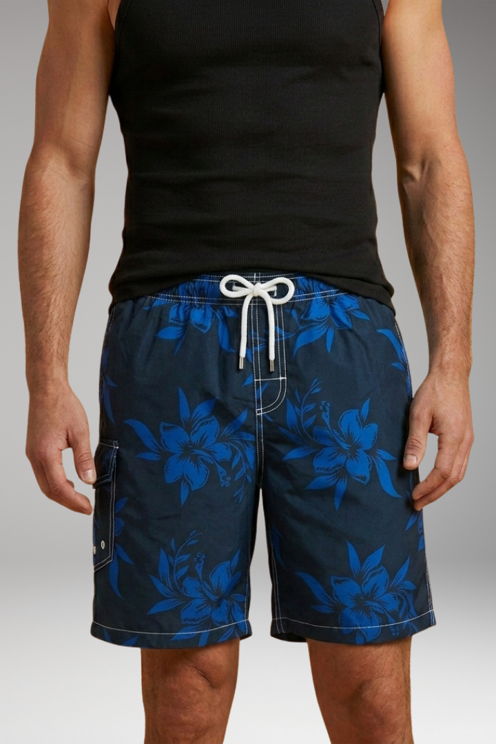 Men’s Swim Shorts with Stretch Waistband and Tropical Print