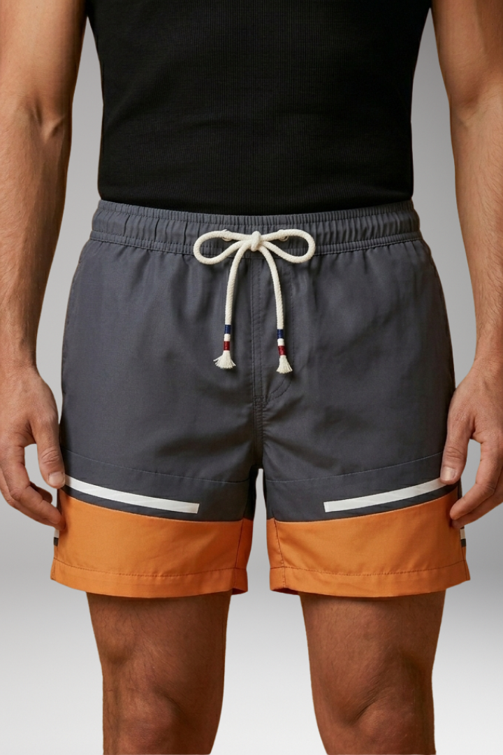 Men’s Swim Trunks with Patchwork Design and Elastic Waistband