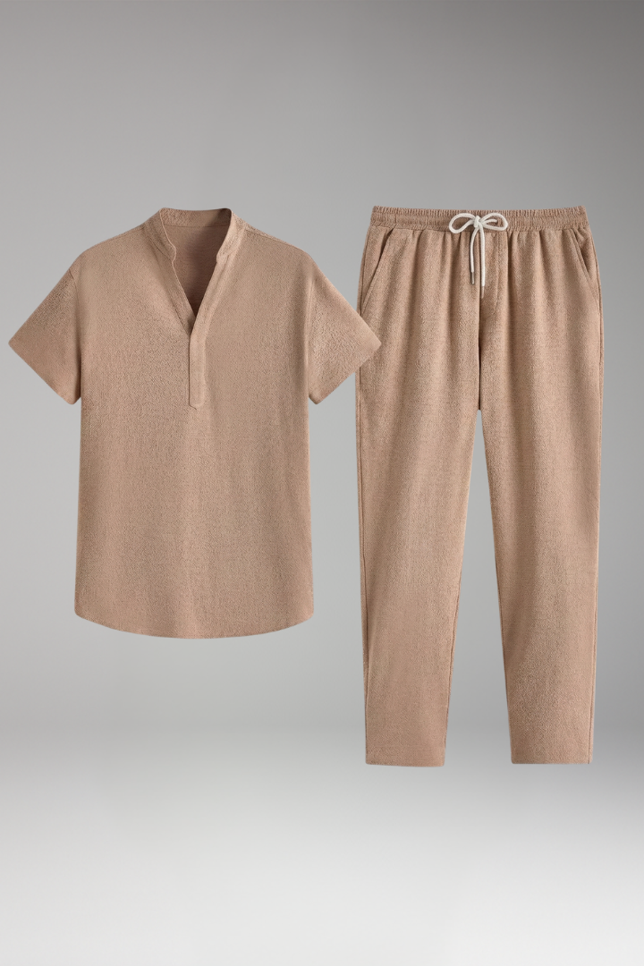 Men's T-Shirt and Trousers Set with Henley Collar and Relaxed Fit
