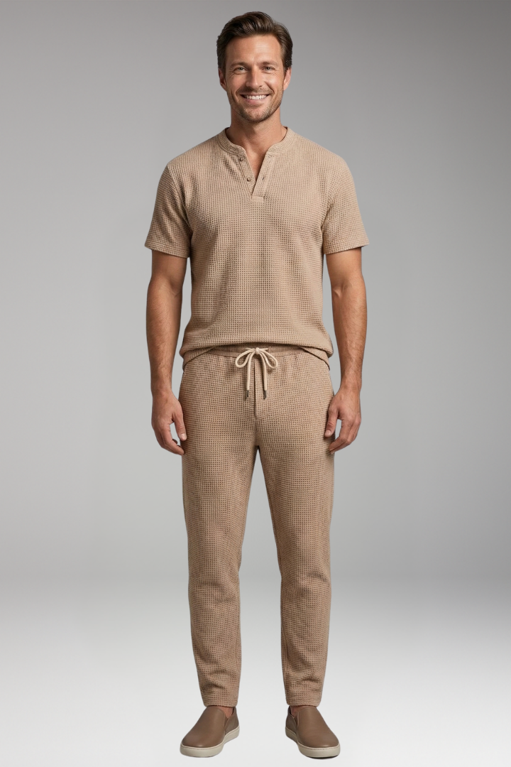 Men's T-Shirt and Trousers Set with Henley Collar and Relaxed Fit