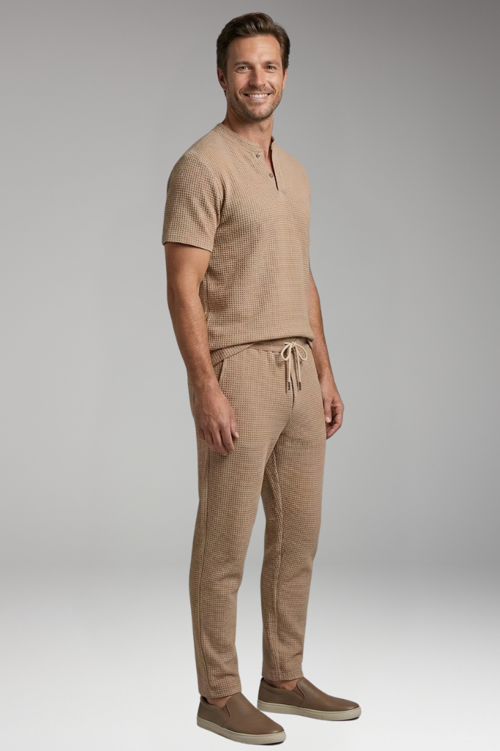 Men's T-Shirt and Trousers Set with Henley Collar and Relaxed Fit