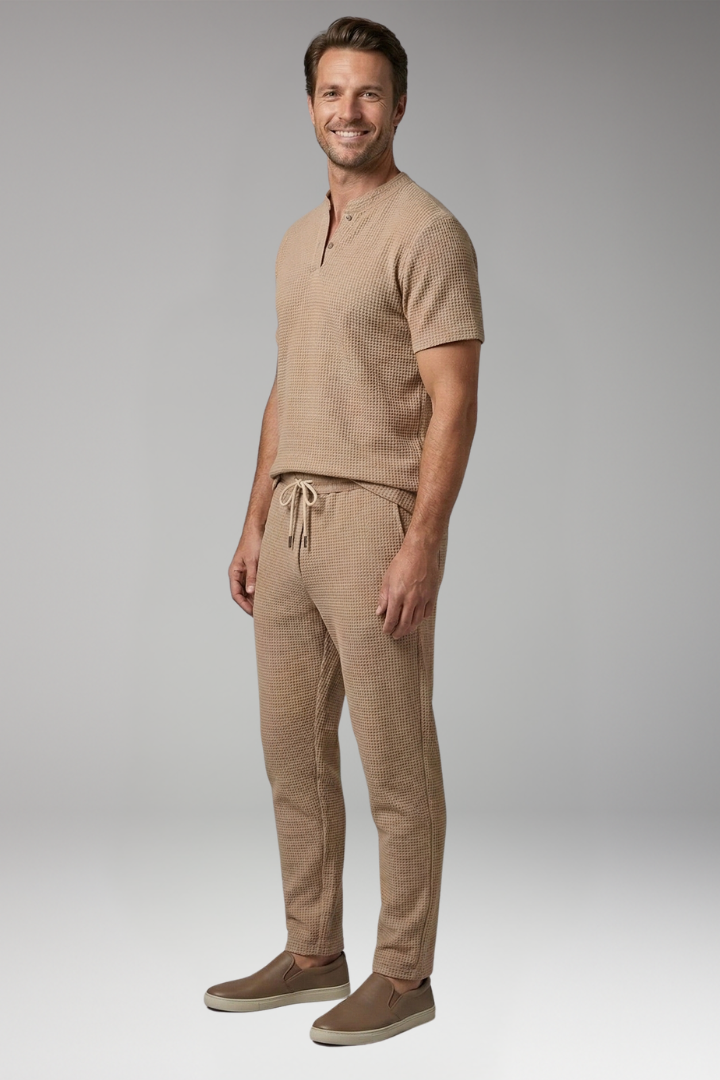 Men's T-Shirt and Trousers Set with Henley Collar and Relaxed Fit