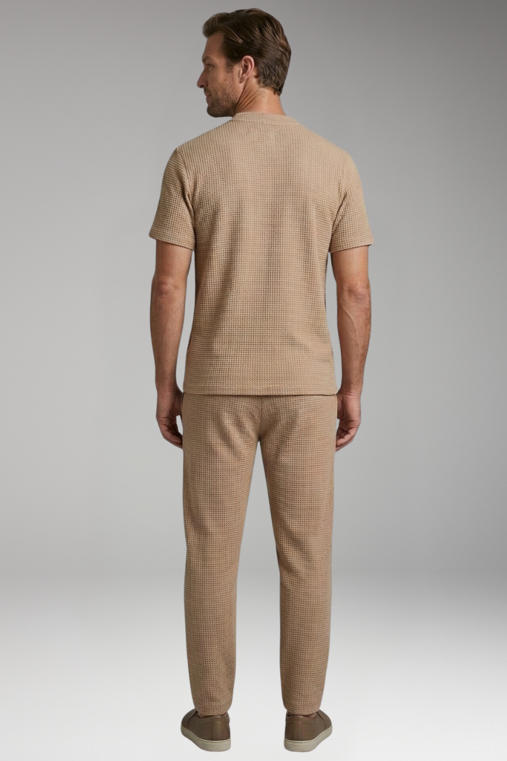 Men's T-Shirt and Trousers Set with Henley Collar and Relaxed Fit