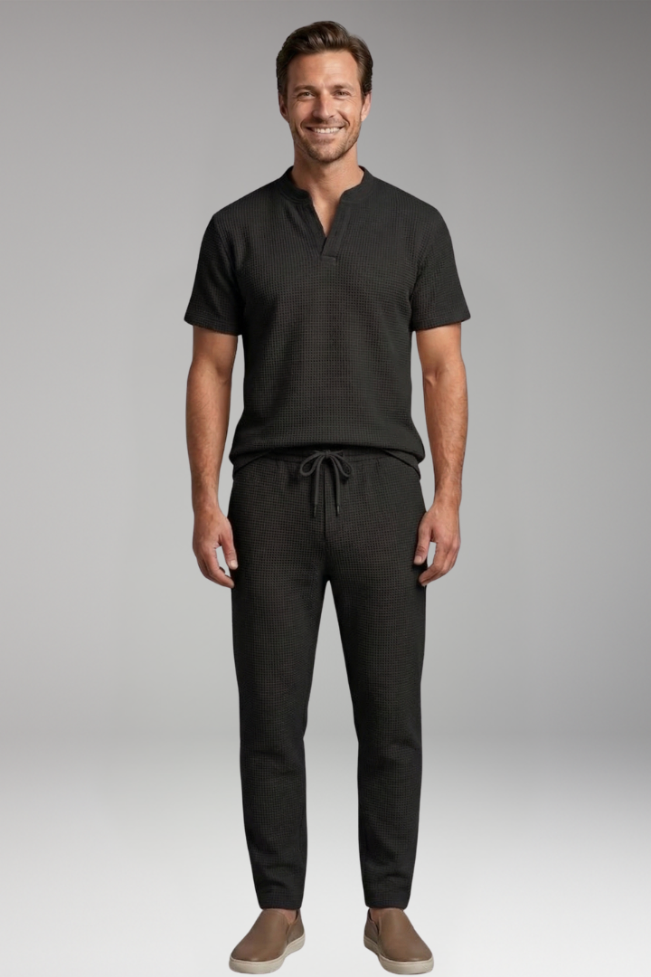 Men's T-Shirt and Trousers Set with Henley Collar and Relaxed Fit