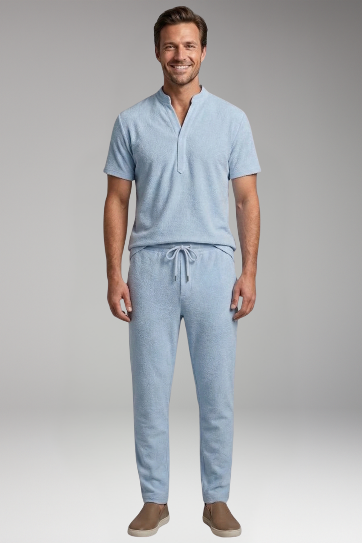 Men's T-Shirt and Trousers Set with Henley Collar and Relaxed Fit