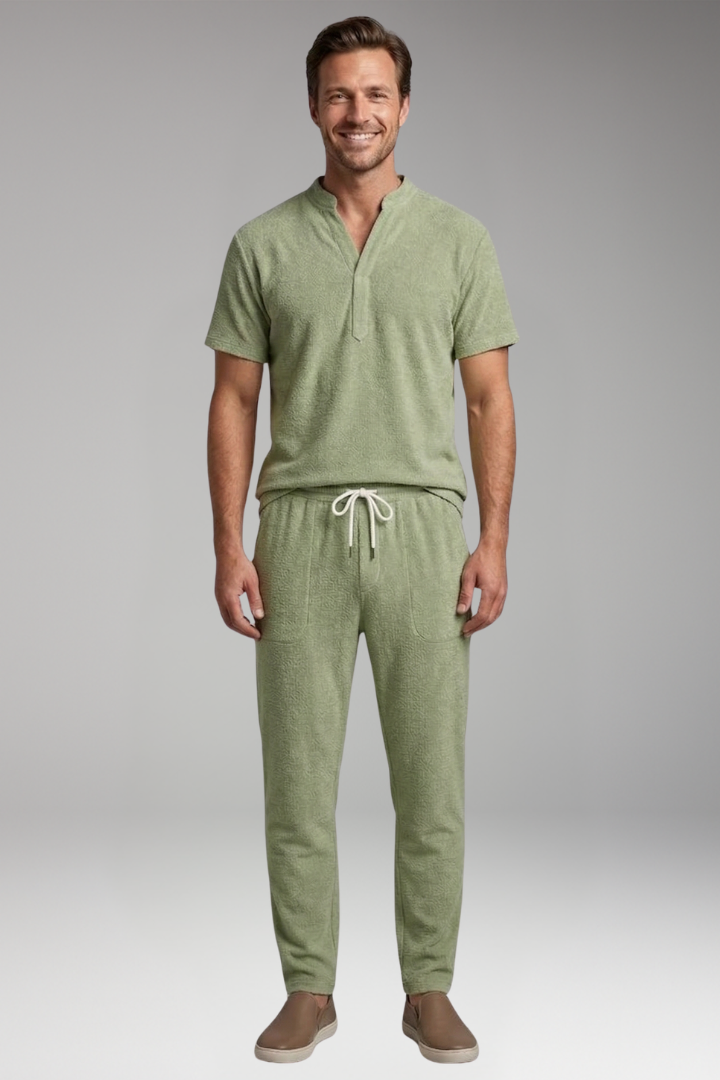 Men's T-Shirt and Trousers Set with Henley Collar and Relaxed Fit