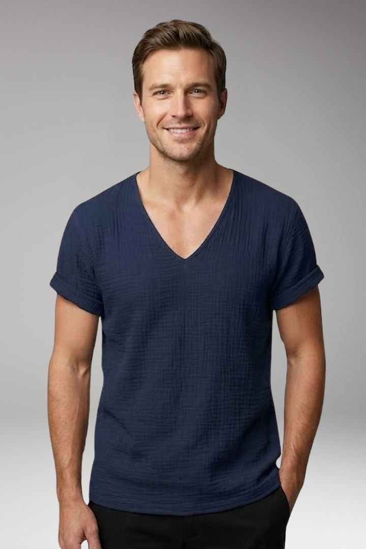 Men’s T-Shirt with V-Neck and Rolled Sleeves
