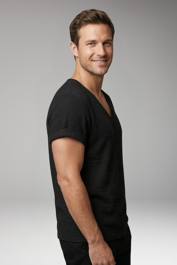 Men’s T-Shirt with V-Neck and Rolled Sleeves