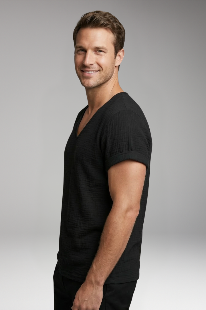 Men’s T-Shirt with V-Neck and Rolled Sleeves
