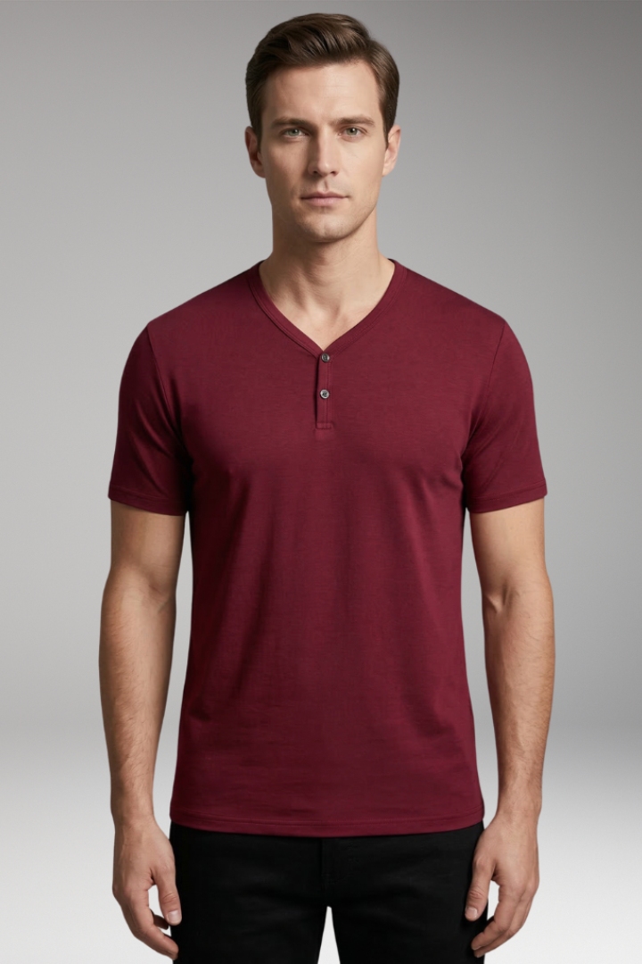 Men's T-Shirt with Henley Neck and Short Sleeves