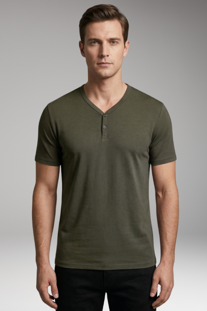 Men's T-Shirt with Henley Neck and Short Sleeves