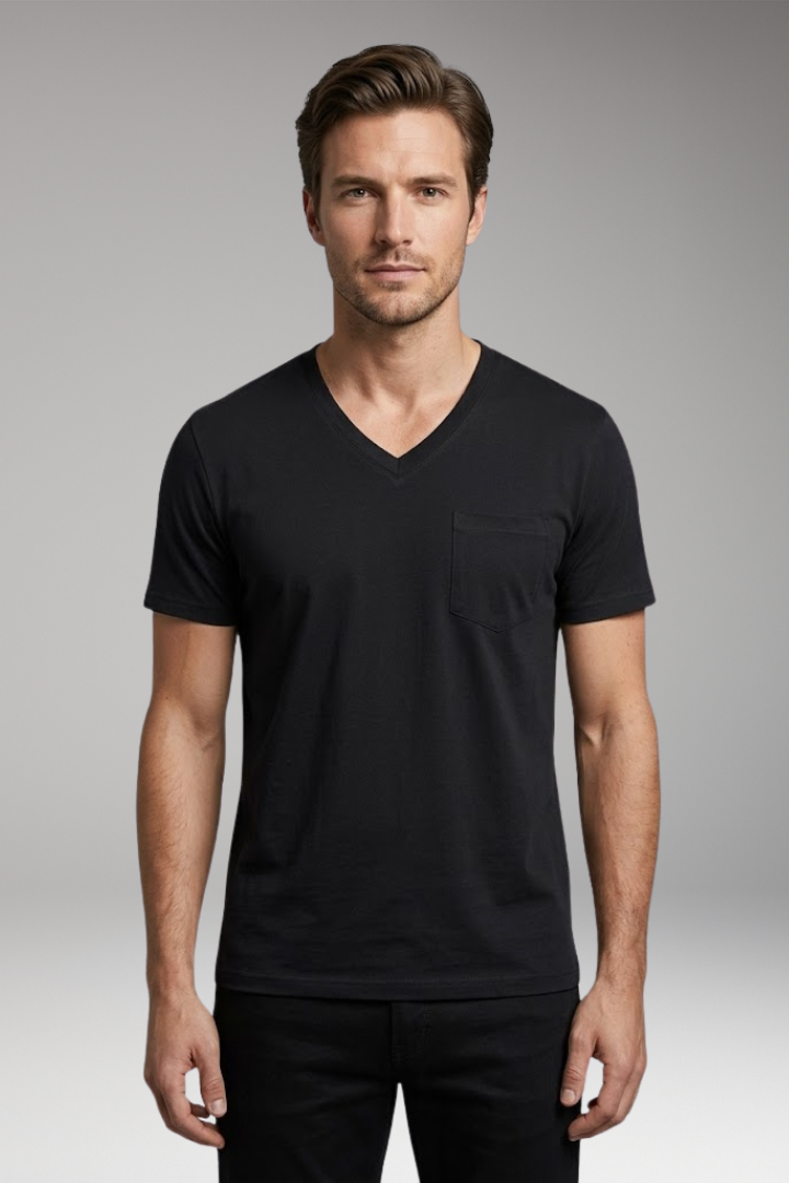 Men's T-Shirt with V-Neck and Chest Pocket