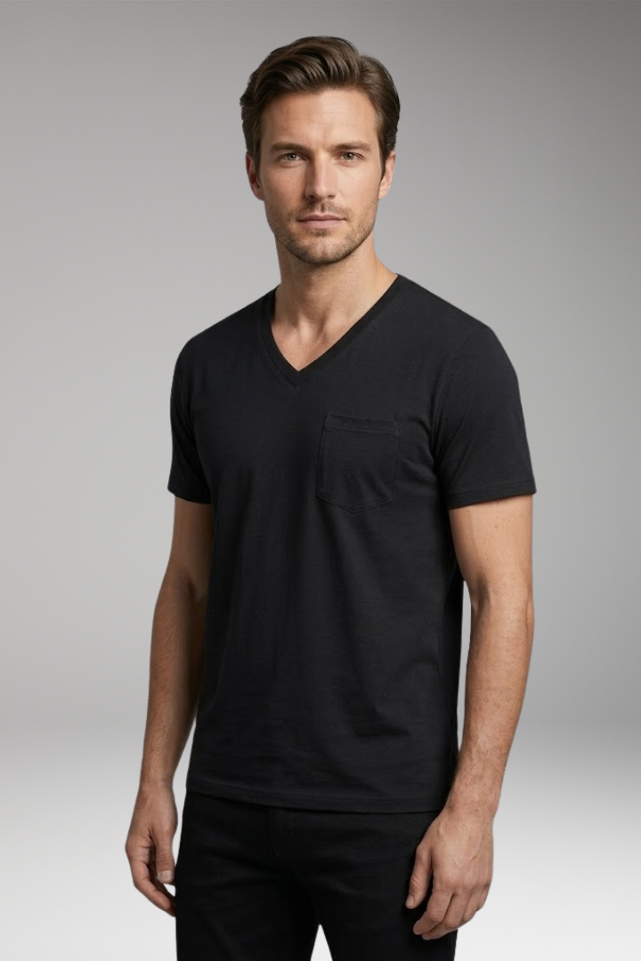 Men's T-Shirt with V-Neck and Chest Pocket