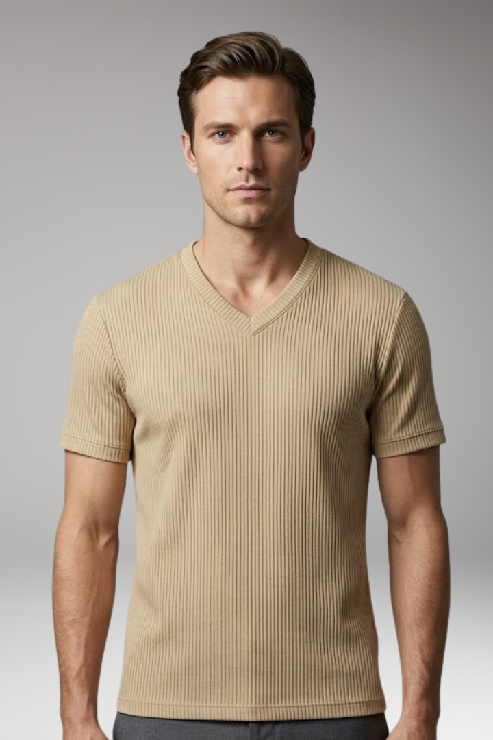 Men's T-Shirt with V-Neck and Ribbed Texture