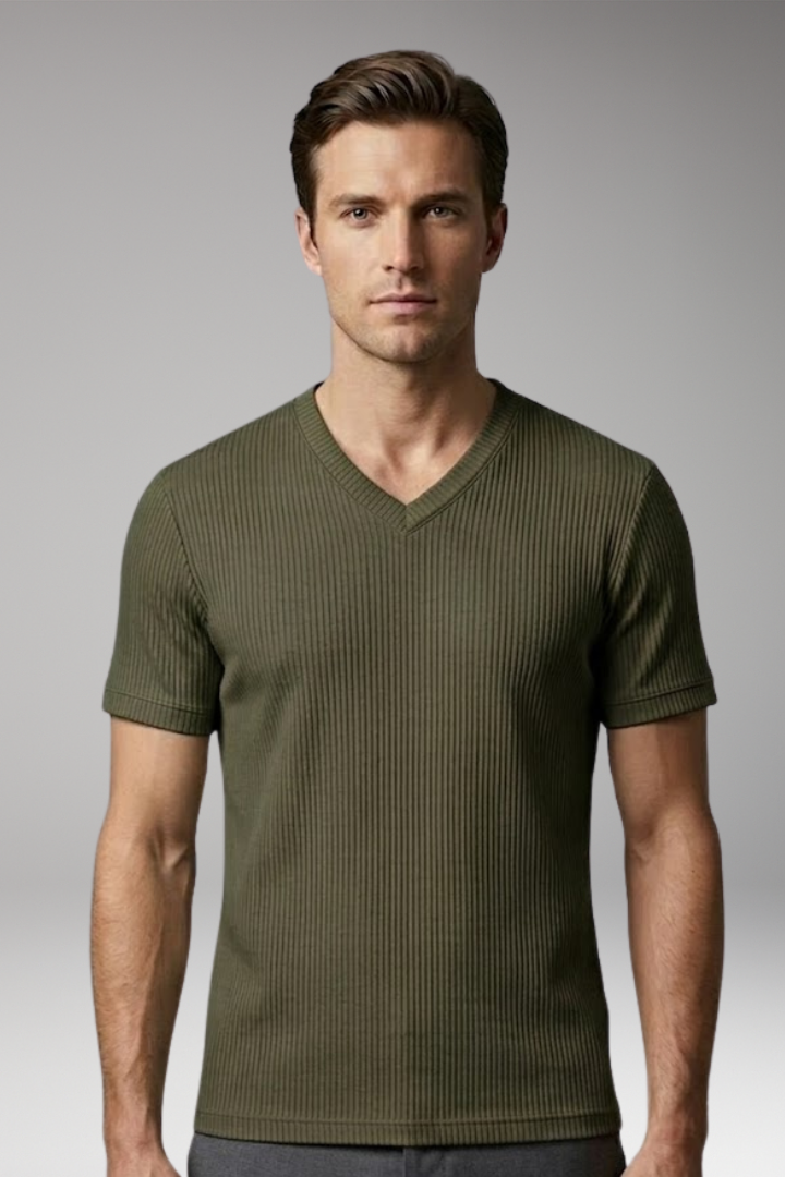 Men's T-Shirt with V-Neck and Ribbed Texture