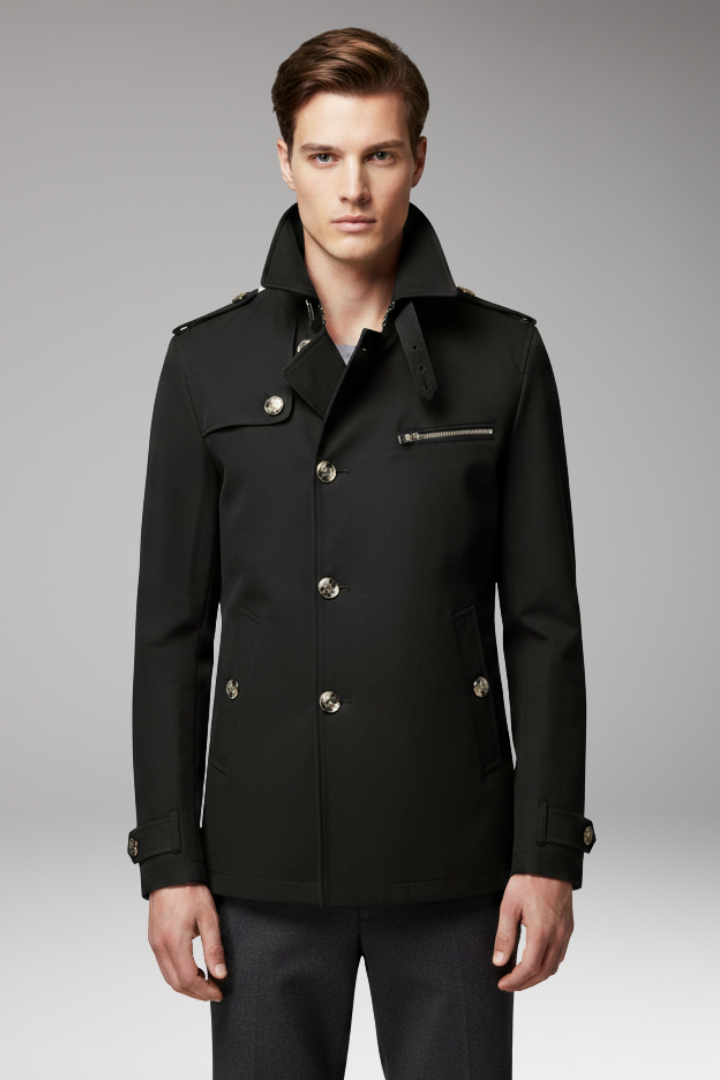 Men’s Trench Coat with Front Button Closure and Structured Exterior