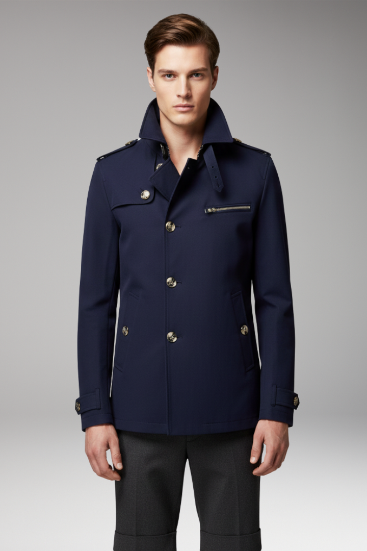 Men’s Trench Coat with Front Button Closure and Structured Exterior