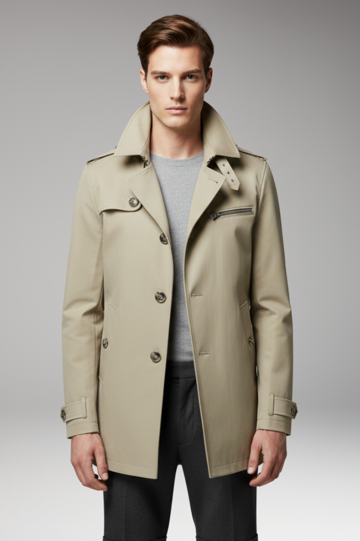 Men’s Trench Coat with Front Button Closure and Structured Exterior