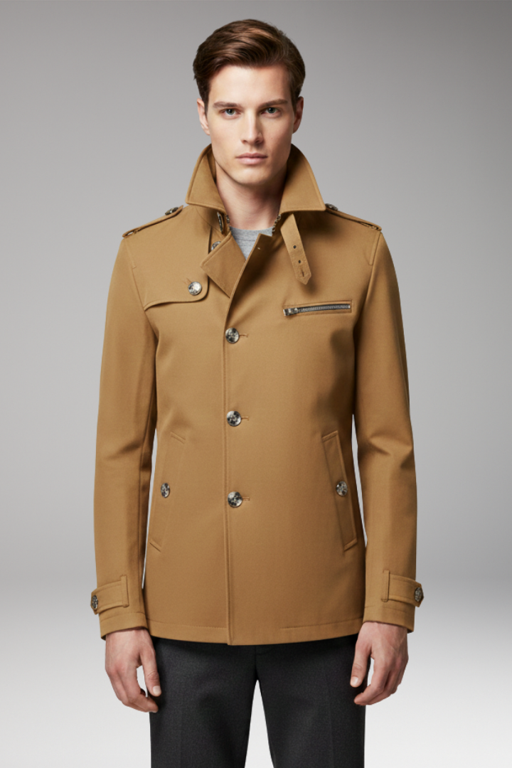 Men’s Trench Coat with Front Button Closure and Structured Exterior