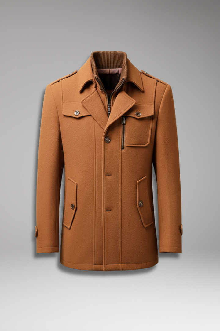 Men’s Trench Coat with Stand Collar and Buttoned Pockets