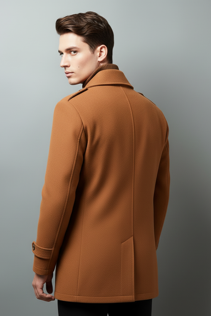 Men’s Trench Coat with Stand Collar and Buttoned Pockets