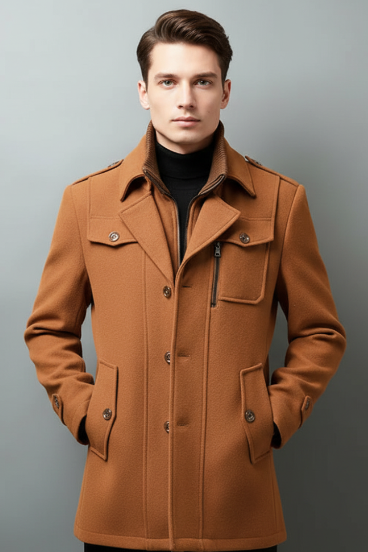 Men’s Trench Coat with Stand Collar and Buttoned Pockets