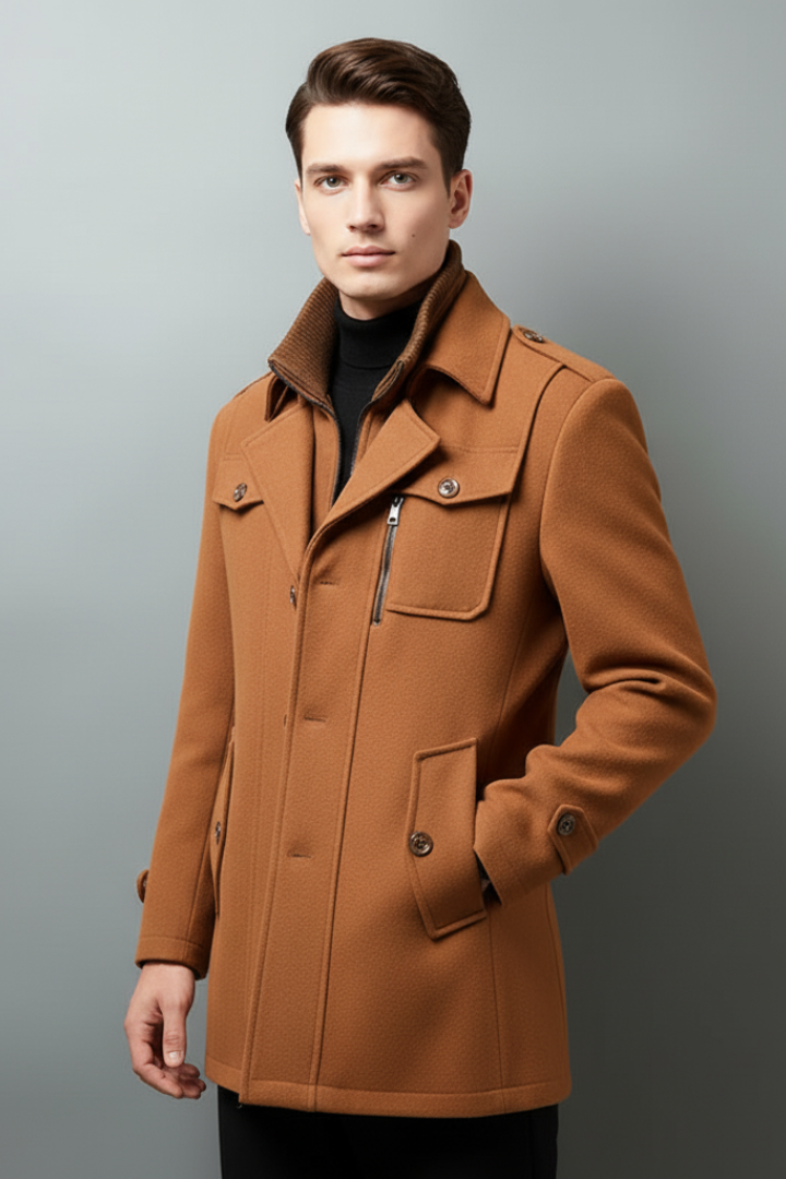 Men’s Trench Coat with Stand Collar and Buttoned Pockets